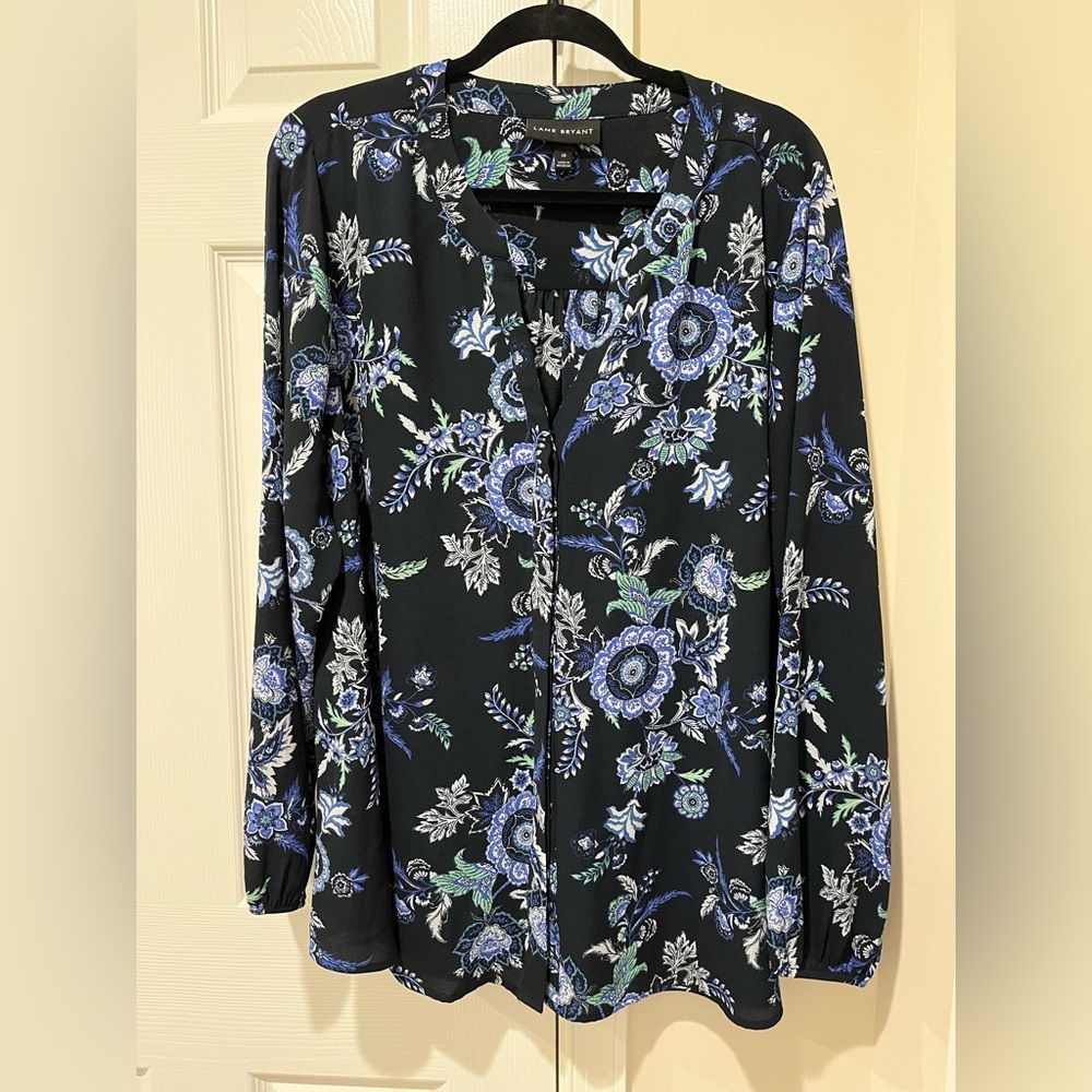 Lane Bryant Black Blouse with Blue Floral Pattern